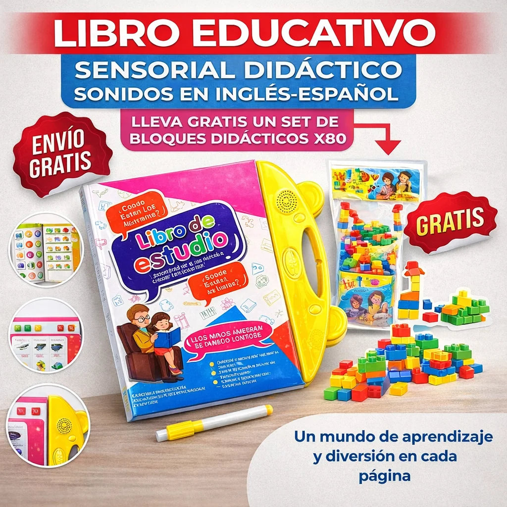 Libro de Estudio Sensorial Bilingüe + Set de Bloques 80 Piezas de Regalo